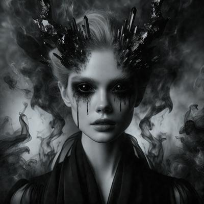 The primary subject of the image is a woman with a black and white makeup style, wearing a black dress. She has a unique and striking appearance, with her eyes and face painted in a way that resembles a spider or a demon. The setting is a dark and mysterious environment, with a backdrop of smoke or fog. The visual style of the image is a combination of digital art and illustration, creating a dramatic and captivating scene. The colors and mood of the image are predominantly dark